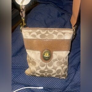 Authentic Coach Peyton Sateen Beige and Brown Crossbody Bag